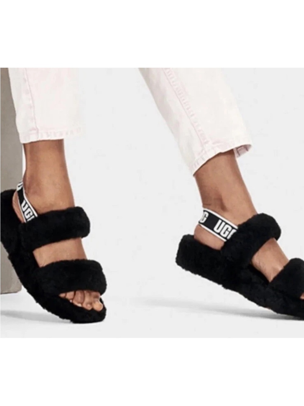 UGG Black Oh Yeah Fluffy Double-Strap Sandals